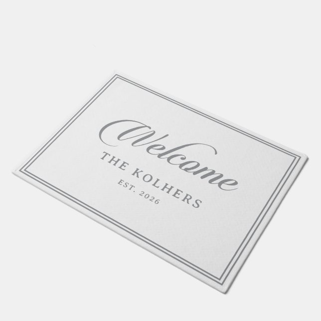 Classic Chic Grey Calligraphy Wedding Welcome  Doormat (Angled)