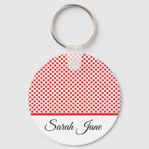 Classic Chic Red Polka Dots Pattern Custom Name Keychain