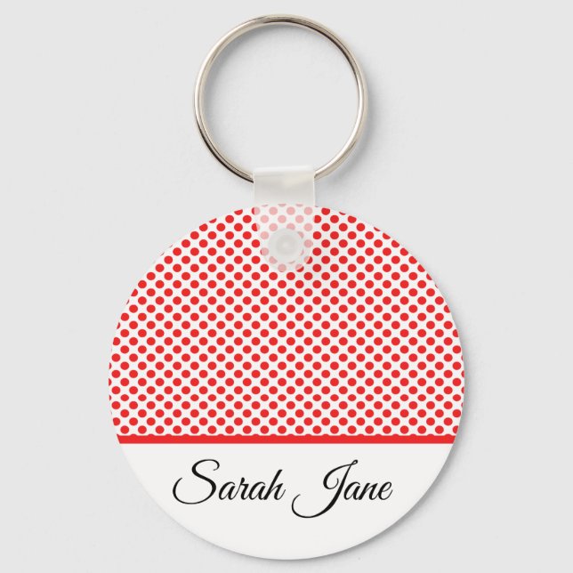 Classic Chic Red Polka Dots Pattern Custom Name Keychain (Front)
