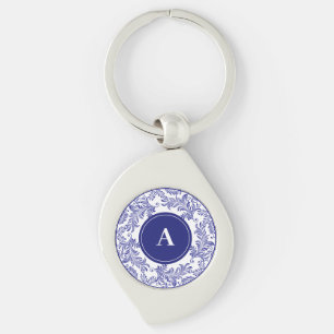 Classic Chinoiserie Blue White Pattern Monogram Keychain