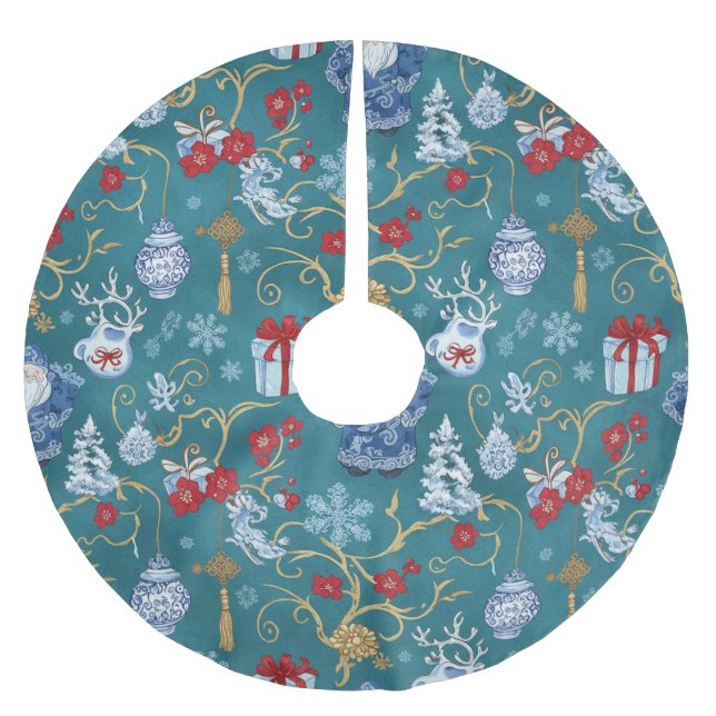 Classic Chinoiserie Christmas Decor Brushed Polyester Tree Skirt (Front)