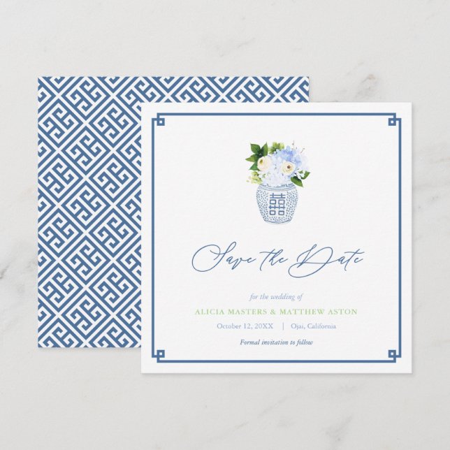 Classic Chinoiserie Navy Blue Green Spring Wedding Save The Date (Front/Back)