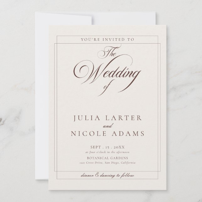 Classic Choco Brown Ivory Calligraphy QR Wedding Invitation (Front)