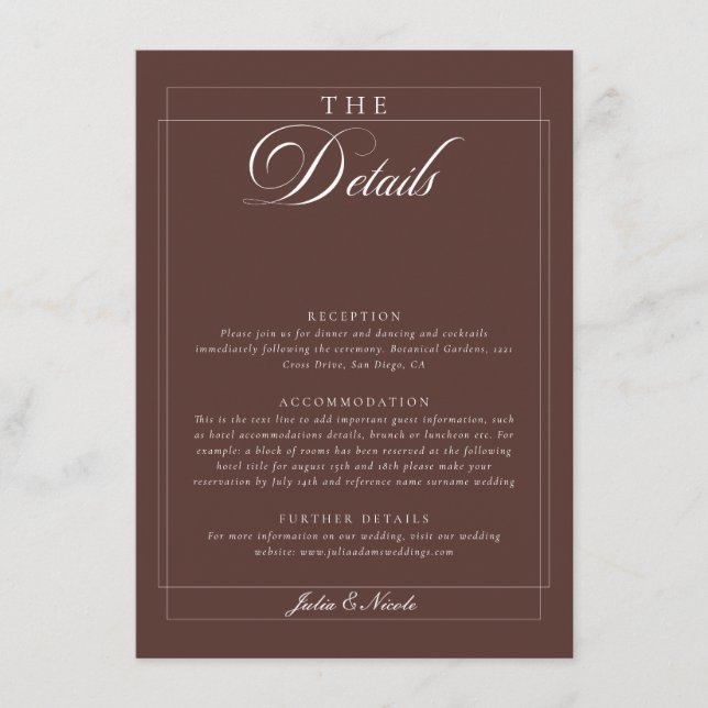 Classic Choco Ivory Calligraphy Wedding Details Enclosure Card (Front)