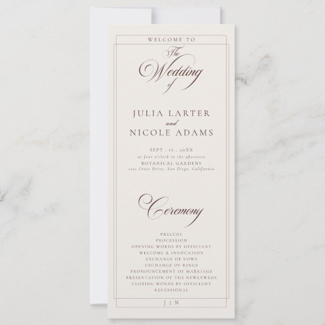 Classic Choco Ivory Calligraphy Wedding Program (Front)