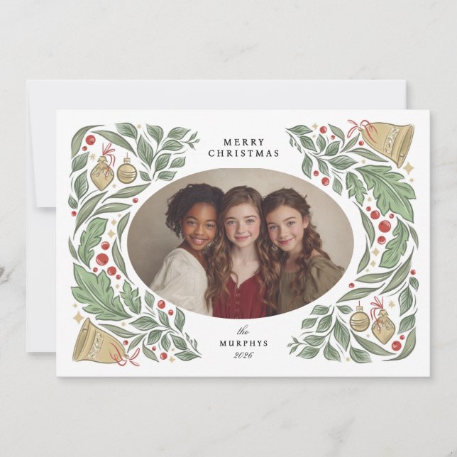 classic christmas bells and foliage | holiday card (Front)