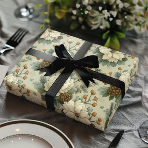 Classic Christmas Cream and Sage Green Floral Gift Wrapping Paper Sheet