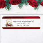 Classic Christmas Floral Crest Monogram Wedding<br><div class="desc">Timeless and elegant yet festive holiday-themed wedding address label design featuring classic hand-drawn gold floral crest accented by a colourful spray of red and white Christmas flowers and evergreens. This custom formal template includes editable text fields for your custom monogram as well as a faux ruby red velvet background.</div>