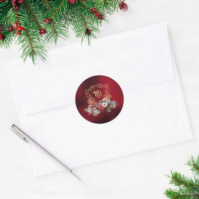 Classic Christmas Floral Crest Monogram Wedding Classic Round Sticker (Creator Uploaded)