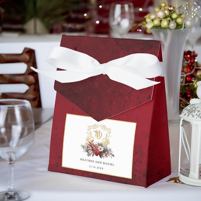 Classic Christmas Floral Crest Monogram Wedding Favor Box (Creator Uploaded)