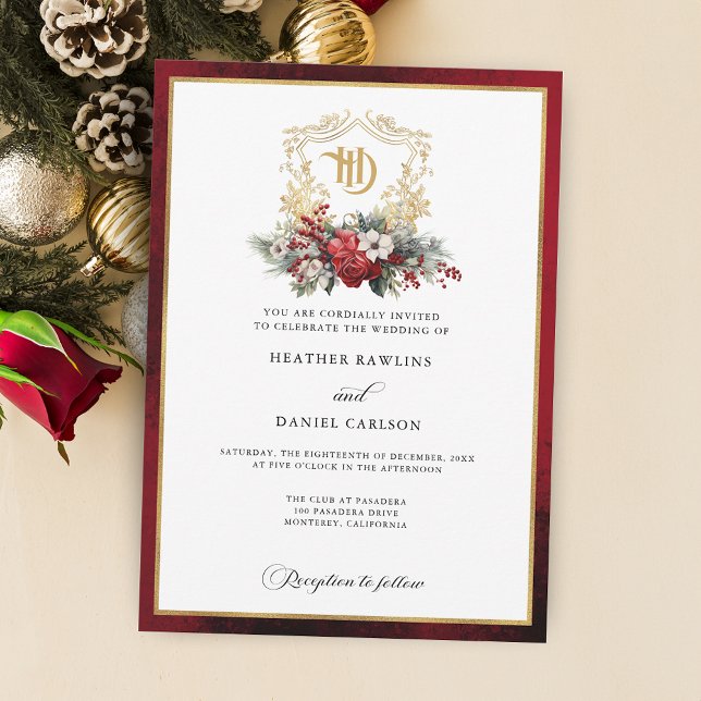 Classic Christmas Floral Crest Monogram Wedding Invitation (Creator Uploaded)