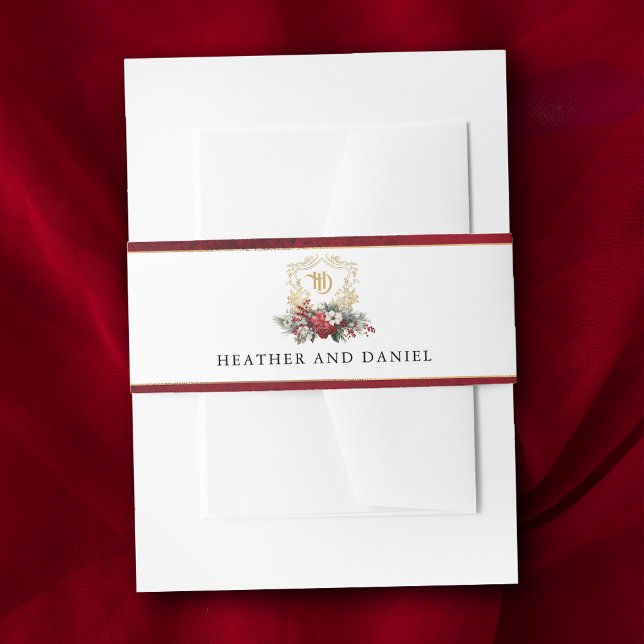 Classic Christmas Floral Crest Monogram Wedding Invitation Belly Band (Creator Uploaded)