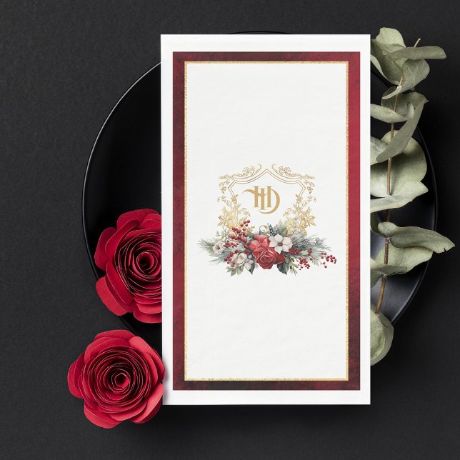 Classic Christmas Floral Crest Monogram Wedding Napkin (Creator Uploaded)