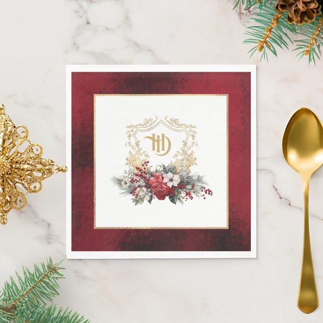 Classic Christmas Floral Crest Monogram Wedding Napkin (Creator Uploaded)