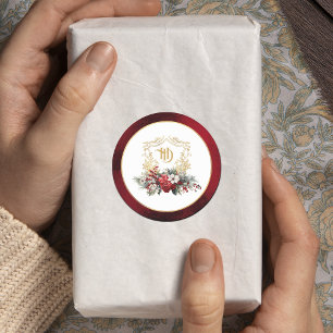 Classic Christmas Floral Crest Monogram Wedding Round Sticker
