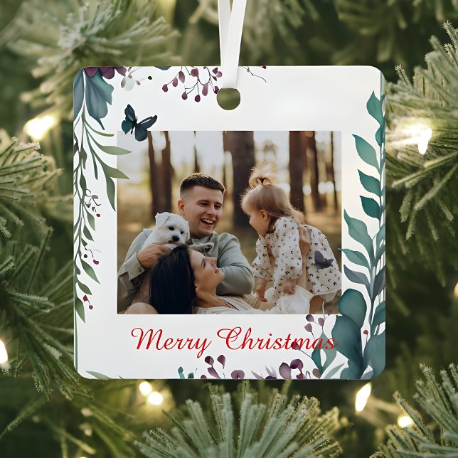 Classic Christmas Floral Frame Photo  Metal Ornament (Creator Uploaded)