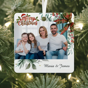 Classic Christmas Floral Frame Photo  Metal Ornament