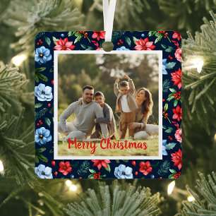 Classic Christmas Floral Frame Photo  Metal Ornament