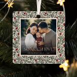 Classic Christmas Floral Frame Photo Metal Ornament<br><div class="desc">This beautiful Christmas photo ornament features a hand drawn floral and greenery pattern in classic, traditional Christmas colours of deep green, burgundy red, and ivory over a sand beige background. An ivory coloured frame allows your photo to stand out against the background. Classic decor that fits any home, whether your...</div>