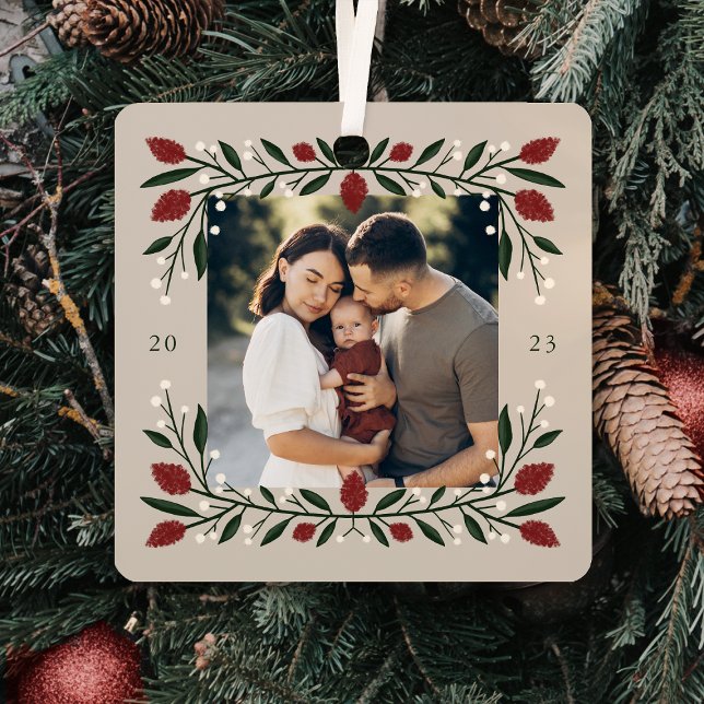 Classic Christmas Floral Frame Photo Metal Ornament (Creator Uploaded)