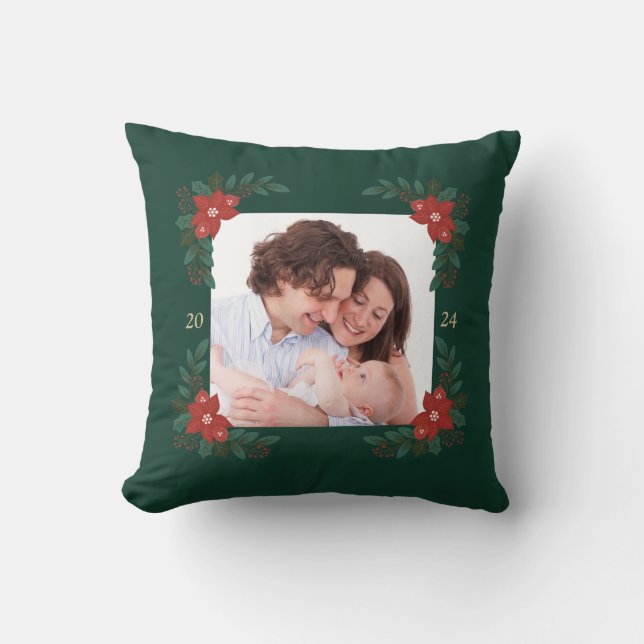 Classic Christmas Floral Frame Throw Pillow  (Front)