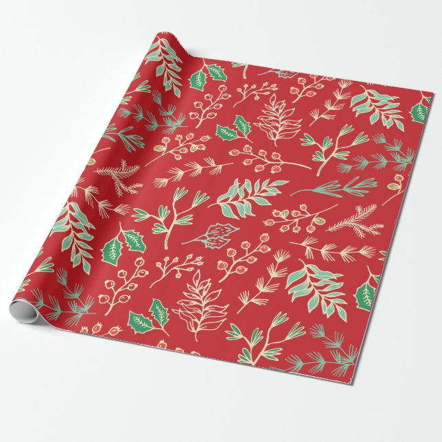 Classic Christmas Floral Pattern Wrapping Paper (Unrolled)