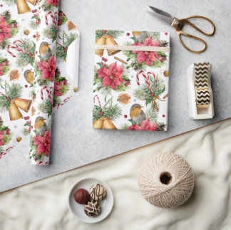 Classic Christmas Gold Bells & Birds Pattern Wrapping Paper