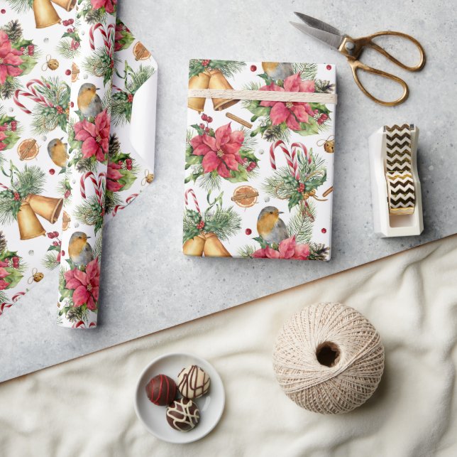 Classic Christmas Gold Bells & Birds Pattern Wrapping Paper (Crafts)