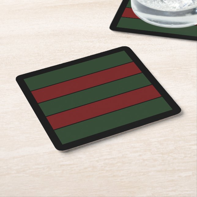 Classic Christmas Green And Red Stripes Square Paper Coaster (Angled)
