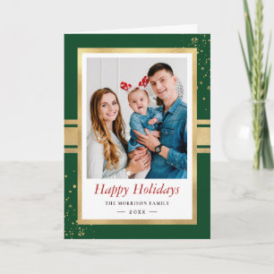Classic Christmas Green Faux Gold Foil Frame Photo Holiday Card
