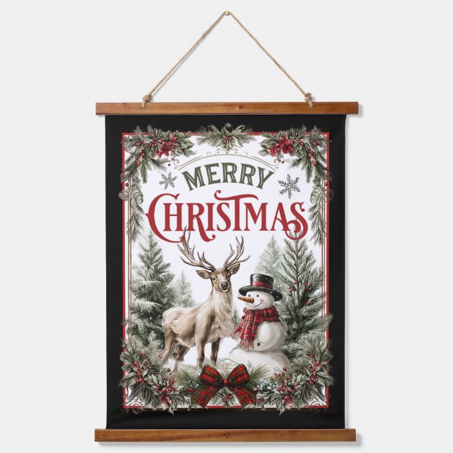Classic Christmas Greeting – Snowman and Reindeer  Hanging Tapestry (Front)