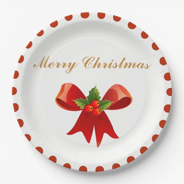 Classic Christmas Holly Berry Bow Gold Red Dot Paper Plate (Front)