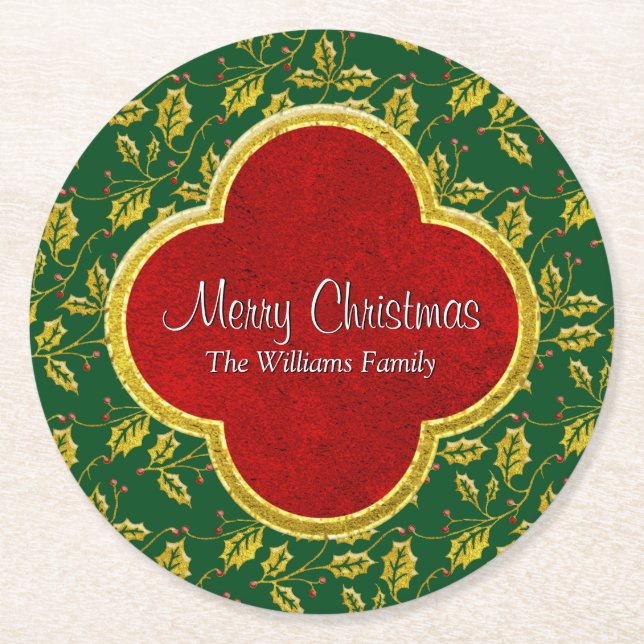 Classic Christmas Holly Personalize Round Paper Coaster (Front)