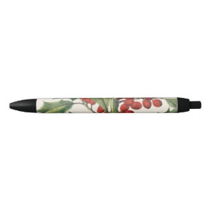 Classic Christmas Holly with Red Berries Art Black Ink Pen