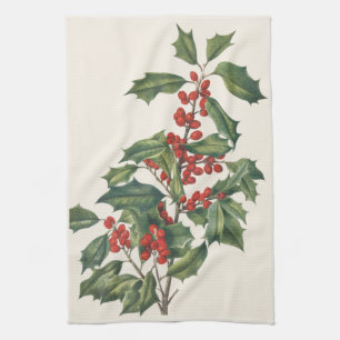 Classic Christmas Holly with Red Berries Art Kitchen Towel