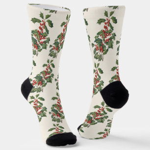 Classic Christmas Holly with Red Berries Art Socks