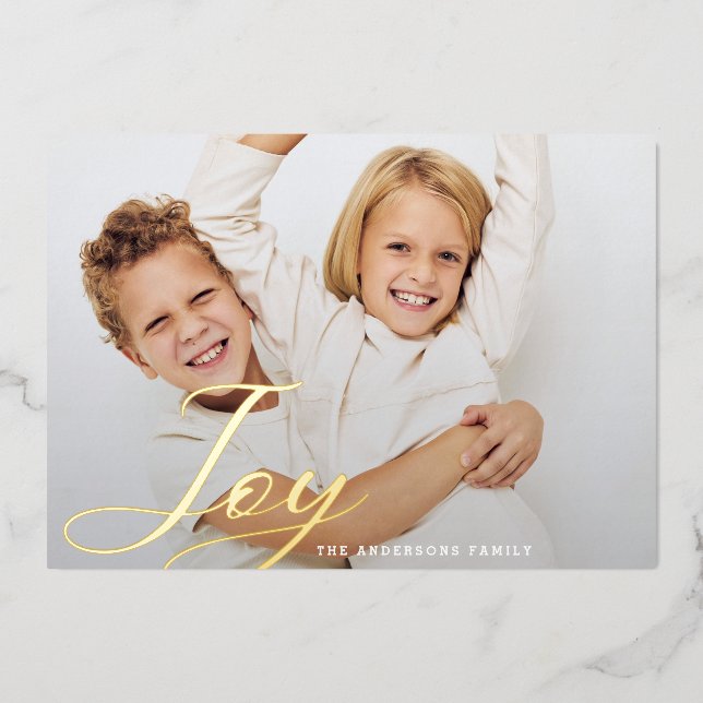 Classic Christmas JOY Hand Lettering Family Photo Foil Holiday Card (Front)