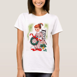 Classic Christmas Little Girl With Wreath Ribbons T-Shirt
