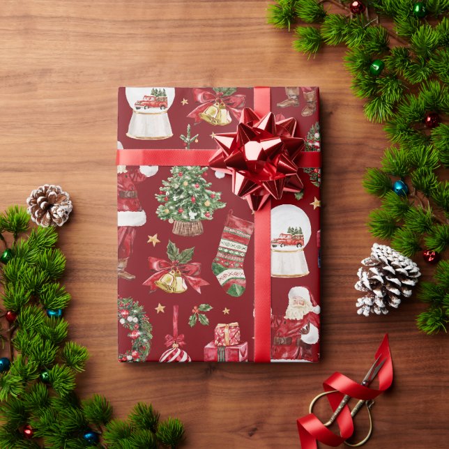 Classic Christmas Motifs Santa Claus Bells Holiday Wrapping Paper (Holiday Gift)