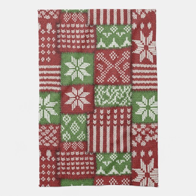 Classic Christmas Patchwork Knit -Red, Green Kitchen Towel (Vertical)