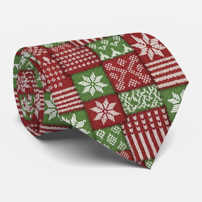 Classic Christmas Patchwork Knit -Red, Green Tie (Rolled)