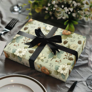 Classic Christmas Peach and Sage Green Floral Gift Wrapping Paper Sheet