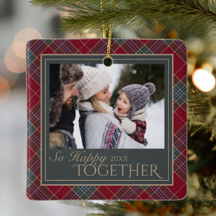 Classic Christmas Plaid Family Photo Ceramic Ornament