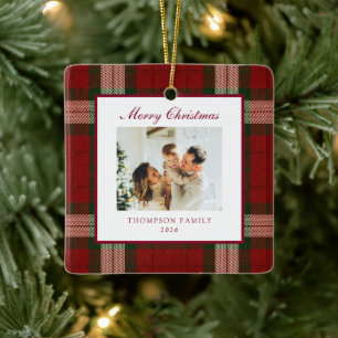 Classic Christmas Plaid Family Photo Ceramic Ornament