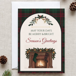 Classic Christmas Plaid Fireplace Holiday Card
