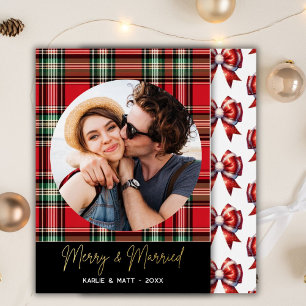 Classic Christmas Plaid Merry & Married Photo Foil Holiday Card
