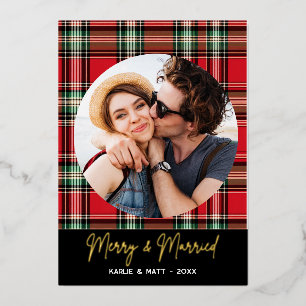 Classic Christmas Plaid Merry & Married Photo  Foil Holiday Card