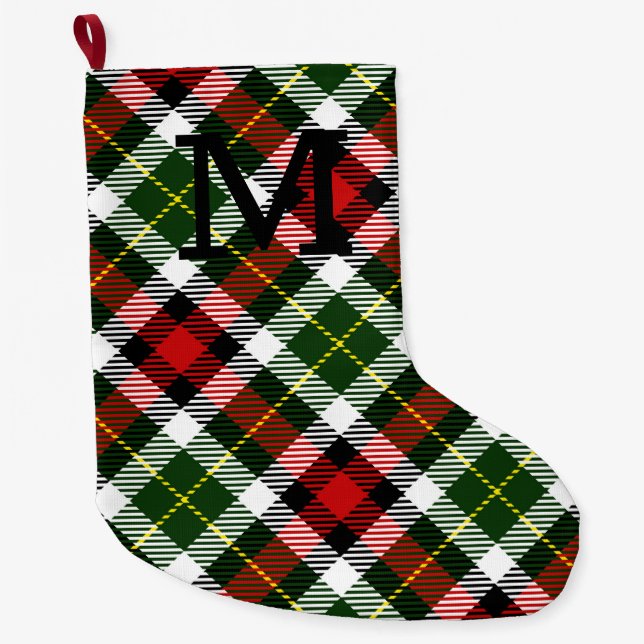 Classic Christmas Plaid Monogram Initial Festive Large Christmas Stocking (Front)