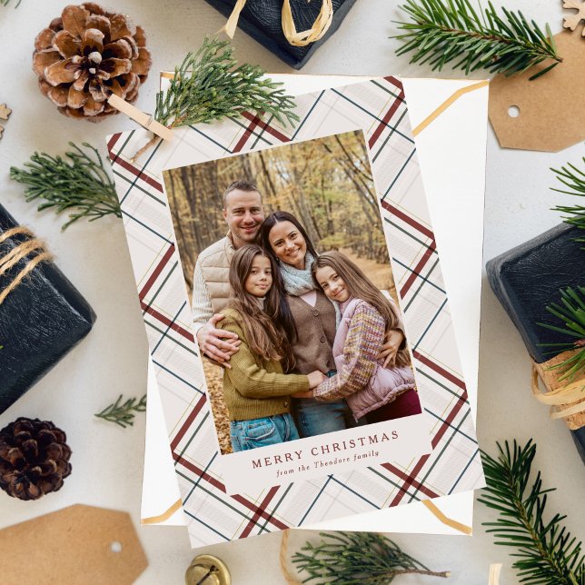 Classic Christmas plaid off-white simple photo Holiday Card (Creator Uploaded)