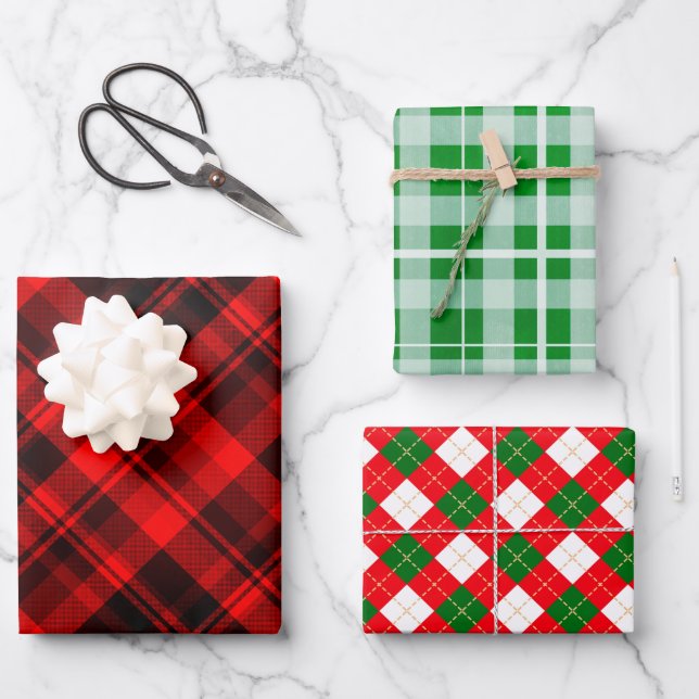 Classic Christmas Plaid Red White Green Wrapping Paper Sheet (Front)